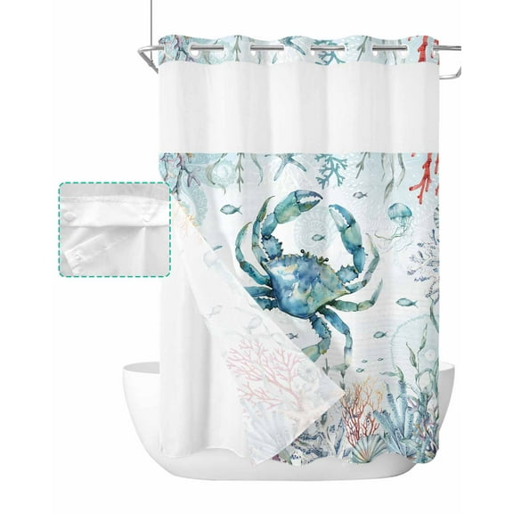 No Hook Shower Curtain with Snap in Liner, Summer Blue Ocean Crab Starfish Coral Jellyfish Hotel Shower Curtains for Bathroom, Washable Shower Curtain Liner Set with Mesh Top Window, 72"x96"