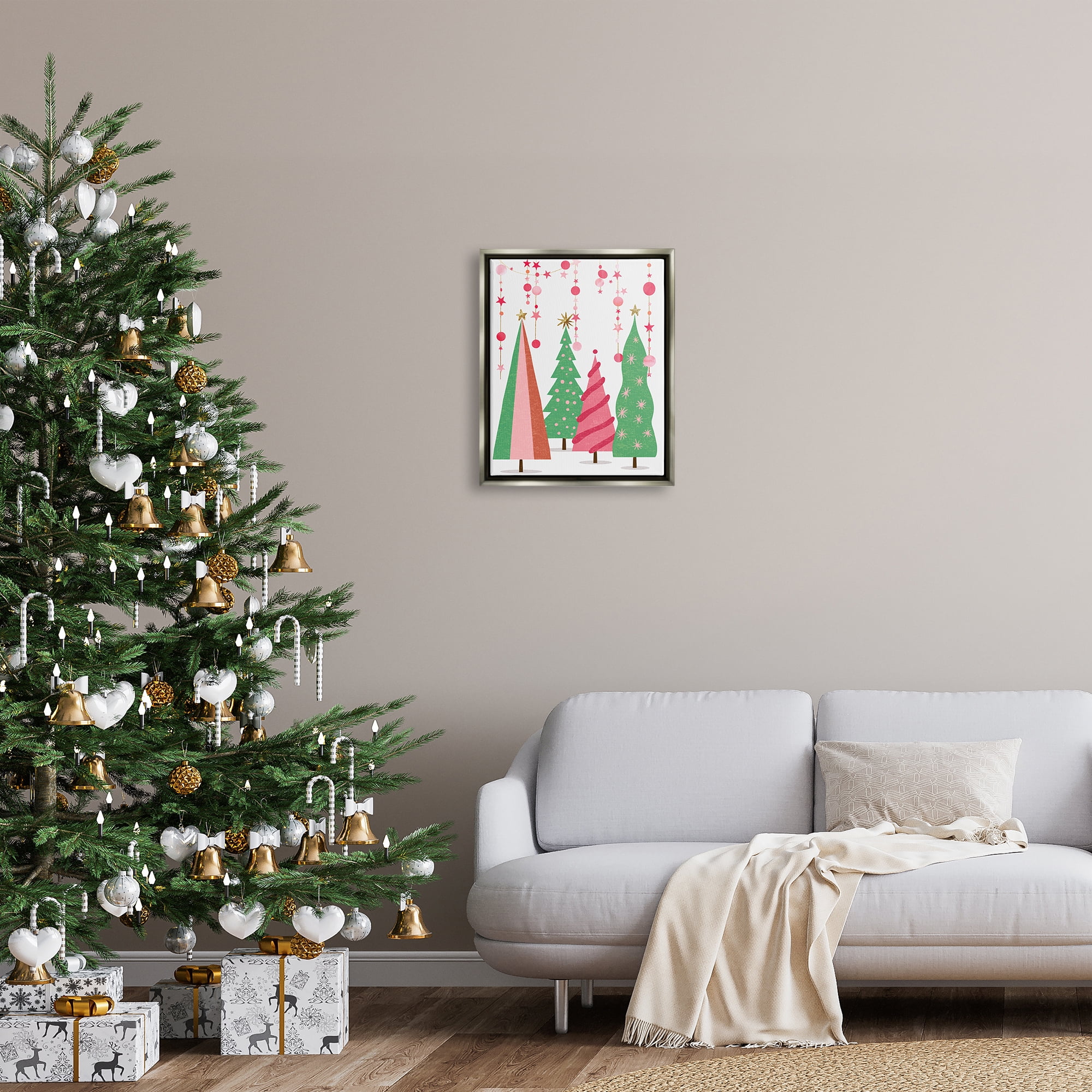 Stupell Industries Pink & Green Christmas Trees Holiday Painting Gray Floater Framed Art Print Wall Art