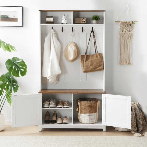 BUPPLEE Entryway Hall Tree with Storage Bench, Shoe Cabinet and Coat Rack with Hooks for Mudroom and Hallway, White