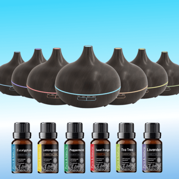 BRJSQ 550ml Cool Mist Humidifier Wood Grain Aroma Diffuser For Essential Oils Remote Control 6 Oil Set