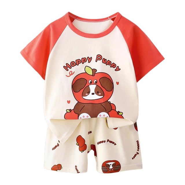 Ensemble 2 Pcs pour Enfants Garçons Filles Été Imprimé Dessin Animé Manches Courtes Hauts et Shorts