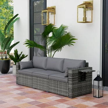 Outsunny 3 Seater Wicker Sofa with Side Trays, Rattan Outdoor Patio Couch with 6" Thick Back Cushions, Deep Seating for Porch, Garden, Mixed Gray