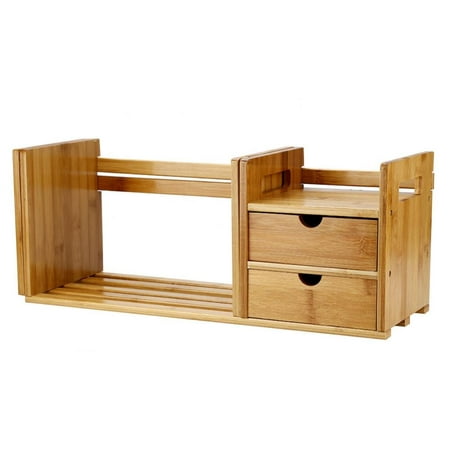 Tbest Bamboo Wood Extendable Desk Tabletop Book Rack Bookshelves Bookcase Organizer with 2 Drawer, Desktop Bookshelf,Tabletop