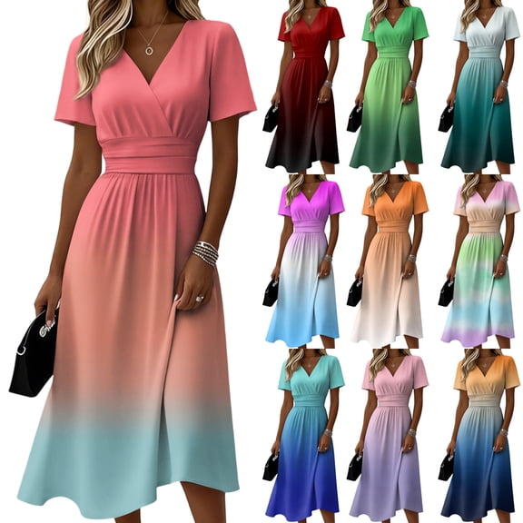 Laqbezok Smocked High Waist Short Sleeve Dress, Trendy Ombre Gradient Print A-Line Midi Dress, Casual V-Neck Fashion Summer Sun Dress