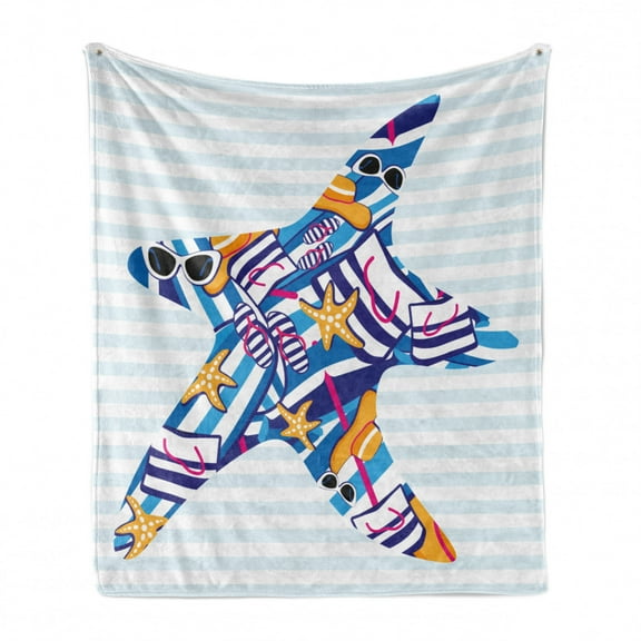 Starfish Soft Flannel Fleece Blanket, Cartoon Styled Starfish with Summer Season Vacation Accessories Striped Backdrop, Cozy Plush for Indoor and Outdoor Use, 50" x 70", Multicolor, by Ambesonne