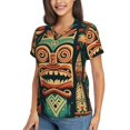 thumbnail image 2 of Women's V Neck T Shirts Casual Short Sleeve Tops Blouse, Retro Tiki Hawaiian Vintage, 2 of 6