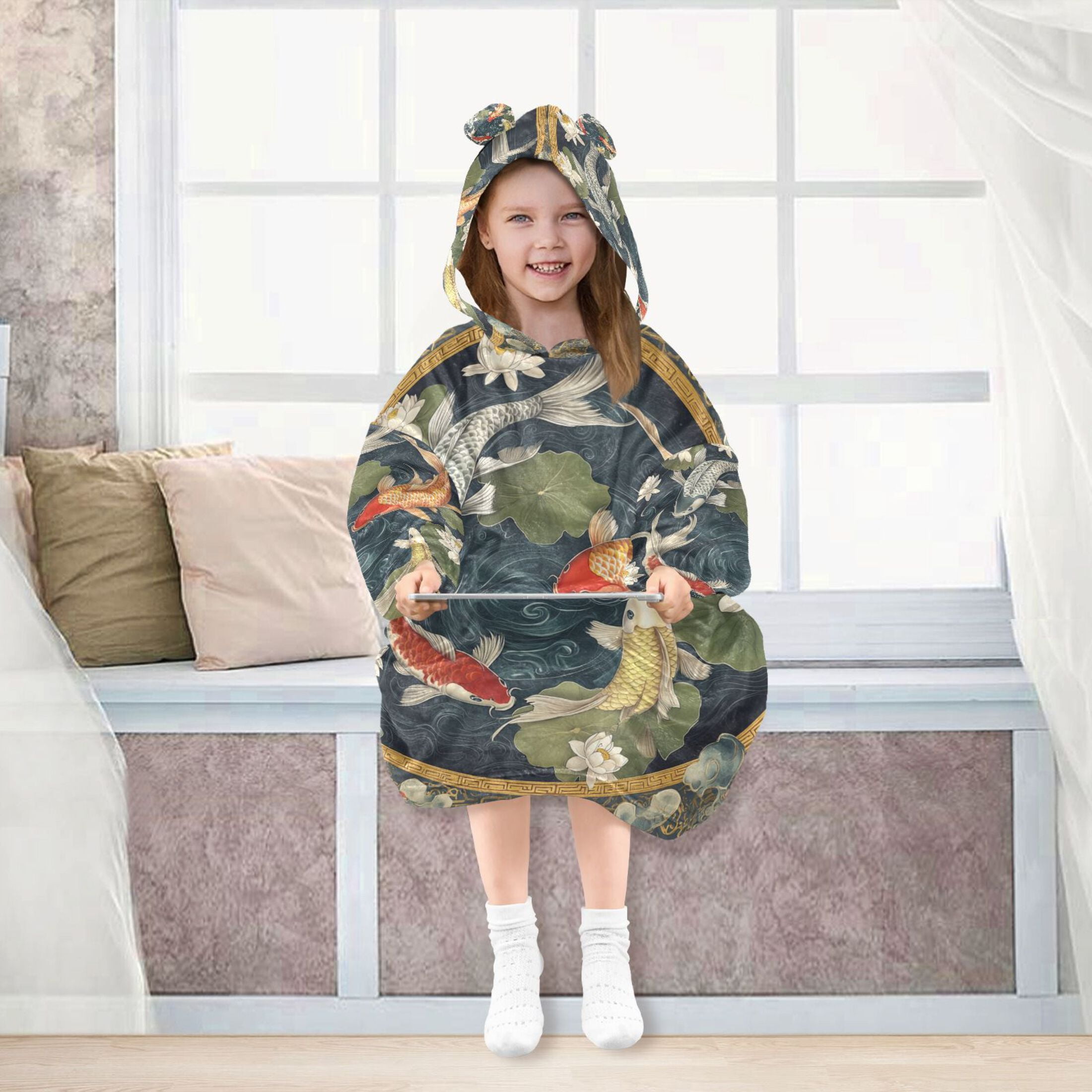 YAZAOO Kids Wearable Blanket Hoodie Warm and Cozy Koi Elegance Flannel Sweatshirt