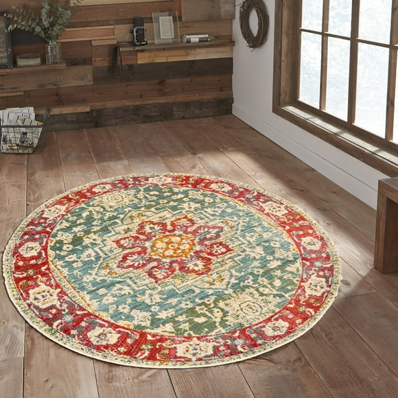 Alfombra Turca Decorativa Redonda Vintage Rosette Imprint Para Sala Recámara Cocina Hotel Oficina 150x150 cm