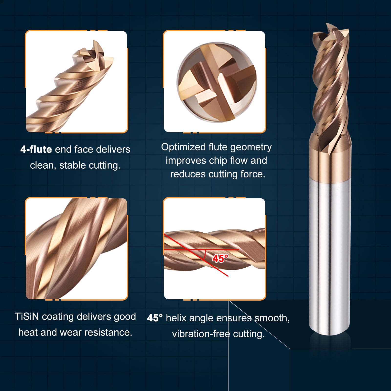 1 Pack 17/64" Carbide End Mill - 4 Flute TISIN Coating 45° Helix Angle CNC End Mill 3/4" Cut L, 2-1/2" Total L - for Alloy Steel, Stainless Steel, Cast Iron