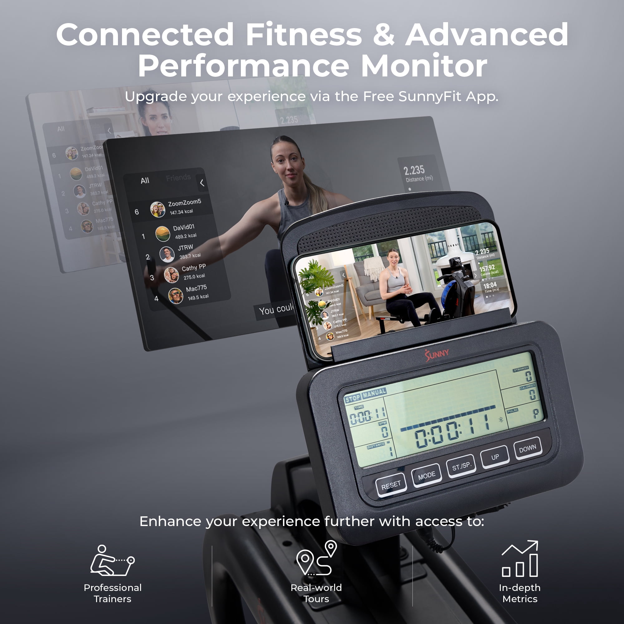 Sunny Health & Fitness Phantom Hydro Water Rowing Machine with Dynamic Resistance + Extra Long Slide Rail w Free SunnyFit® App Membership - SF-RW5910SMAR T