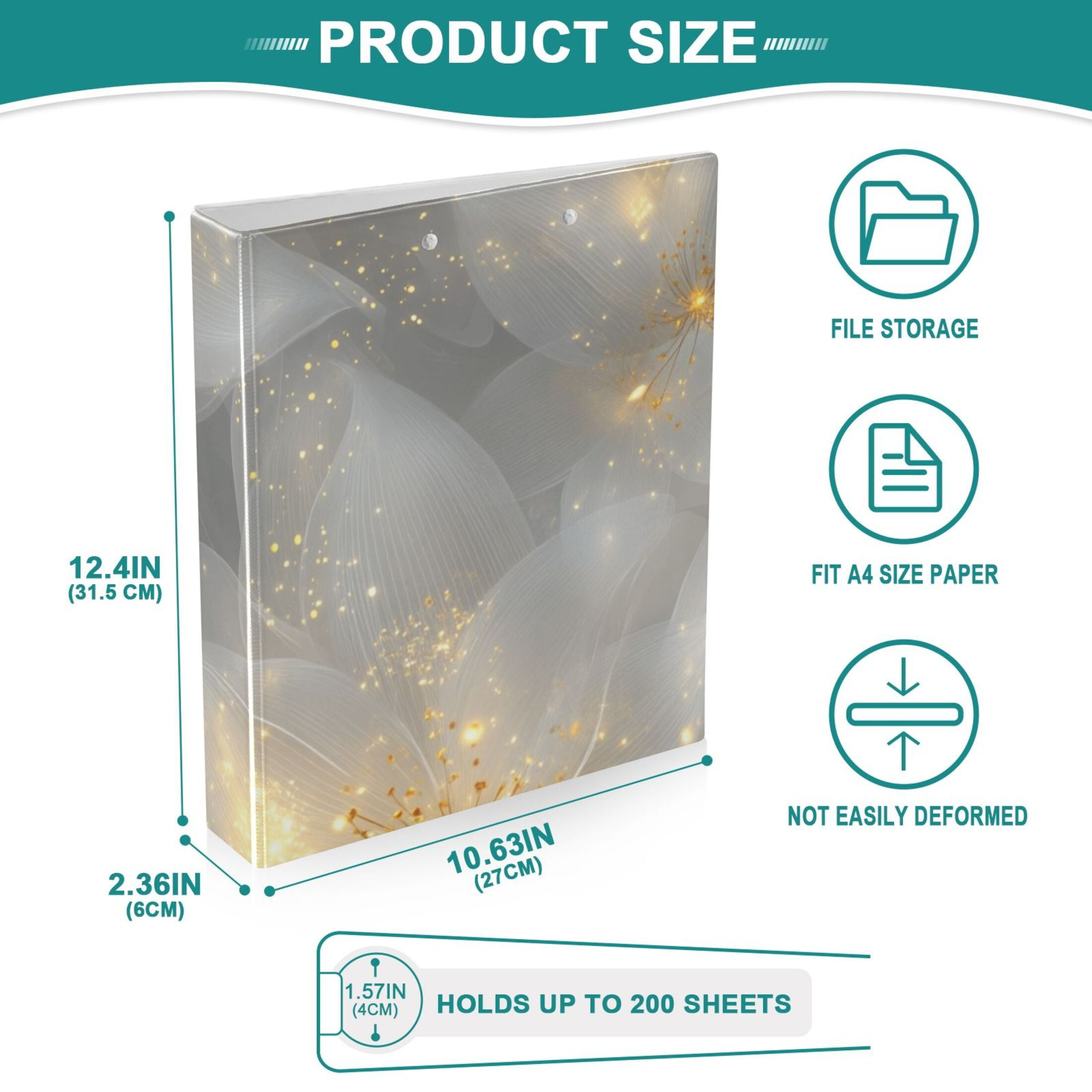 Gold Light Flowers 3 Ring Binders 1.5 inch Hardcover File Folders with Interior Pockets A4 Size Organizer for School Office Hospital