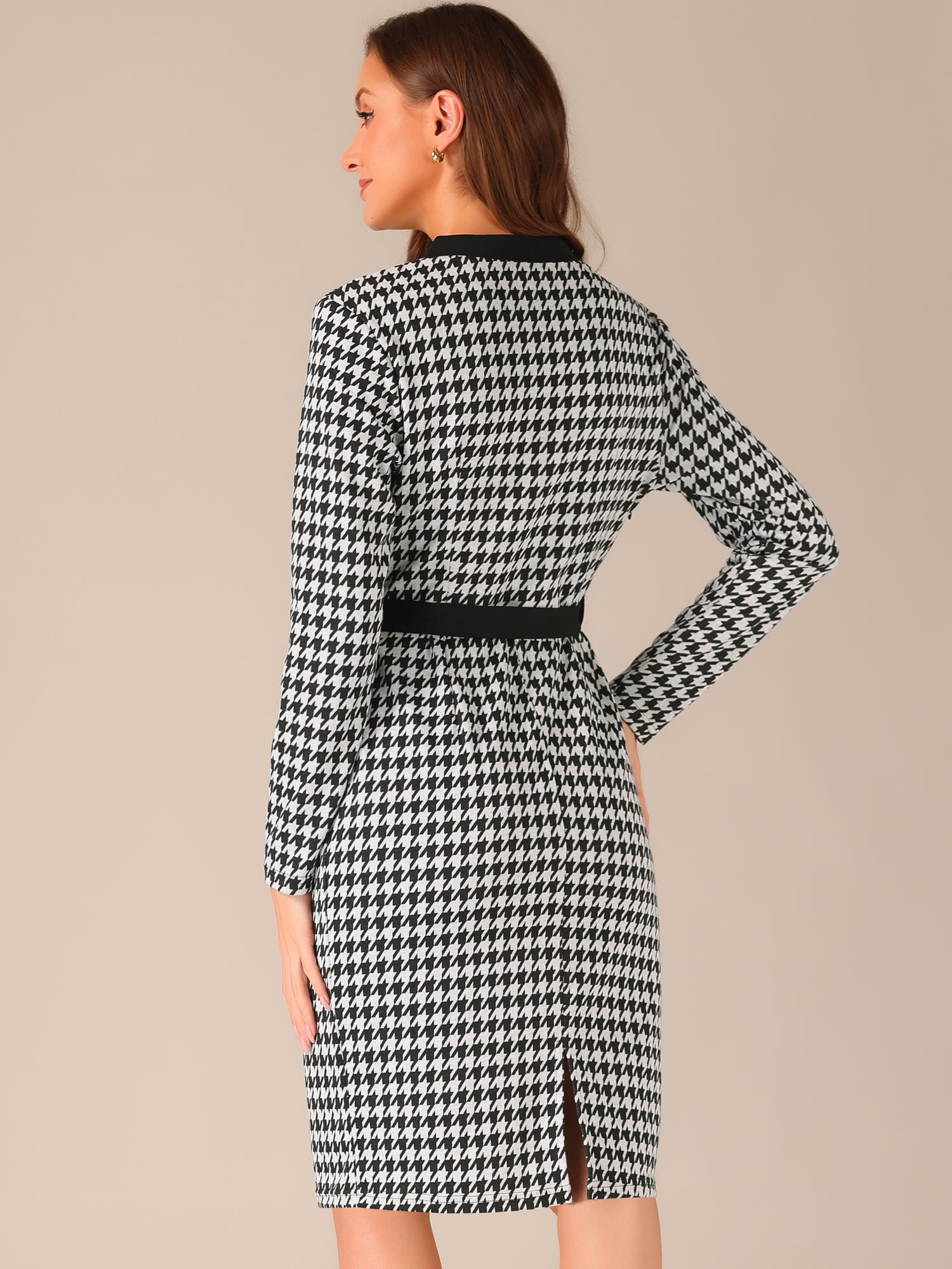 DARING DIVA V Neck Houndstooth Knit Belted Pencil Dress S Black