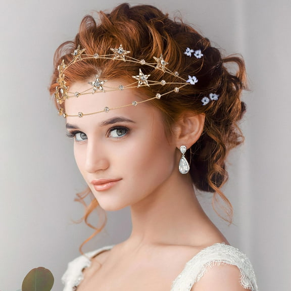 ibasenice Golden Stars Crown Headpiece Rhinestone Bridal Tiara Wedding Hair Accessory Elegant Design