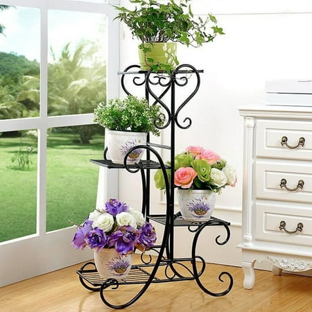 Meigar Plant Stand Metal Flower Holder Pot with 4 Tier Garden Decoration Display Wrought Iron 4 Layers Planter Rack Shelf Organizer for Garden Home Office Black