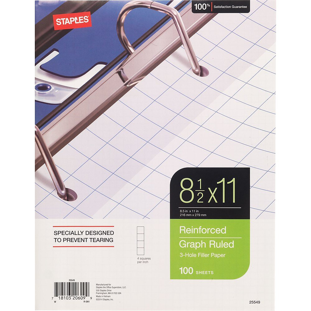 Staples Reinforced Filler Paper, Graph Ruled, 4x4, 81/2" x 11