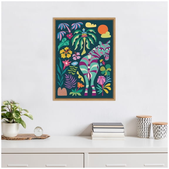 Kate and Laurel Wildlife Safari Zebra Framed Canvas Wall Art by Rachel Lee 18 x 24 Sylvie Natural, Whimsical, Abstract, Animals, Tropical Art for Wall Decor, Living Room, Bedroom