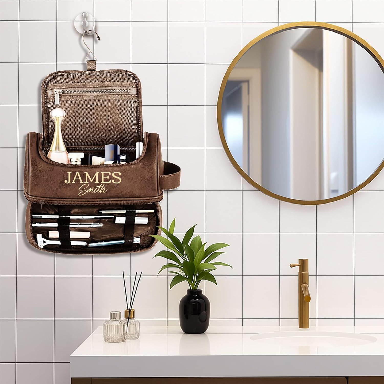 Personalized Gifts for Men, Mens Personalize Toiletry Bag, Custom Leather Toiletries Travel Bag, Customize Shaving Kit, Men's Gift Ideas for Christmas（Dbrown）