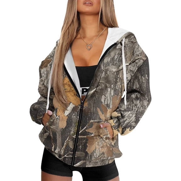 Garronmavis Camouflage Leaves Women Full Zip Up Hoodies Stylish Versatile Long Sleeve Sweatshirt for Women Oversized Loose Long Sleeve Outerwear Winter Outfit with Pockets