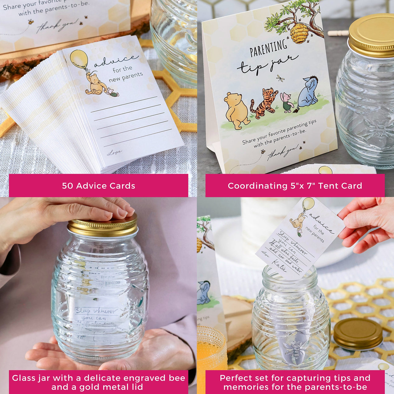Kate Aspen Honey Bear Parenting Tip Jar For Baby Shower Game & Activity, Advice Cards & Bee Hive Shaped Jar with Lid, Nursery and Baby Shower Decoration