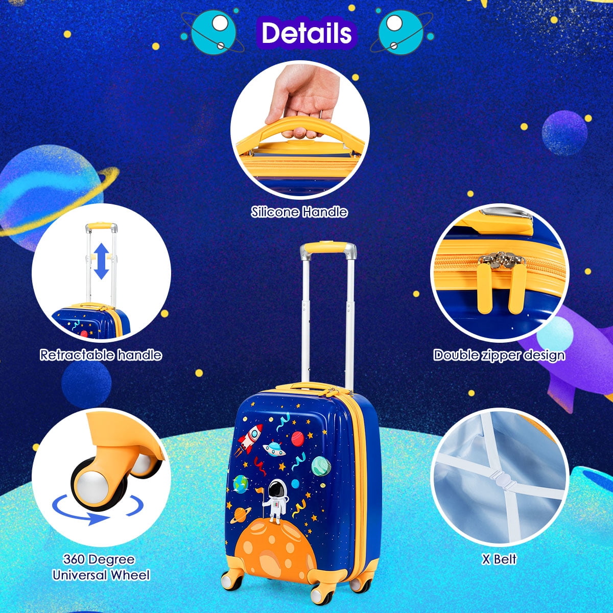 Costway 2PCS Kids Luggage Set 18'' Rolling Suitcase &  12'' Backpack Travel ABS Spaceman Blue