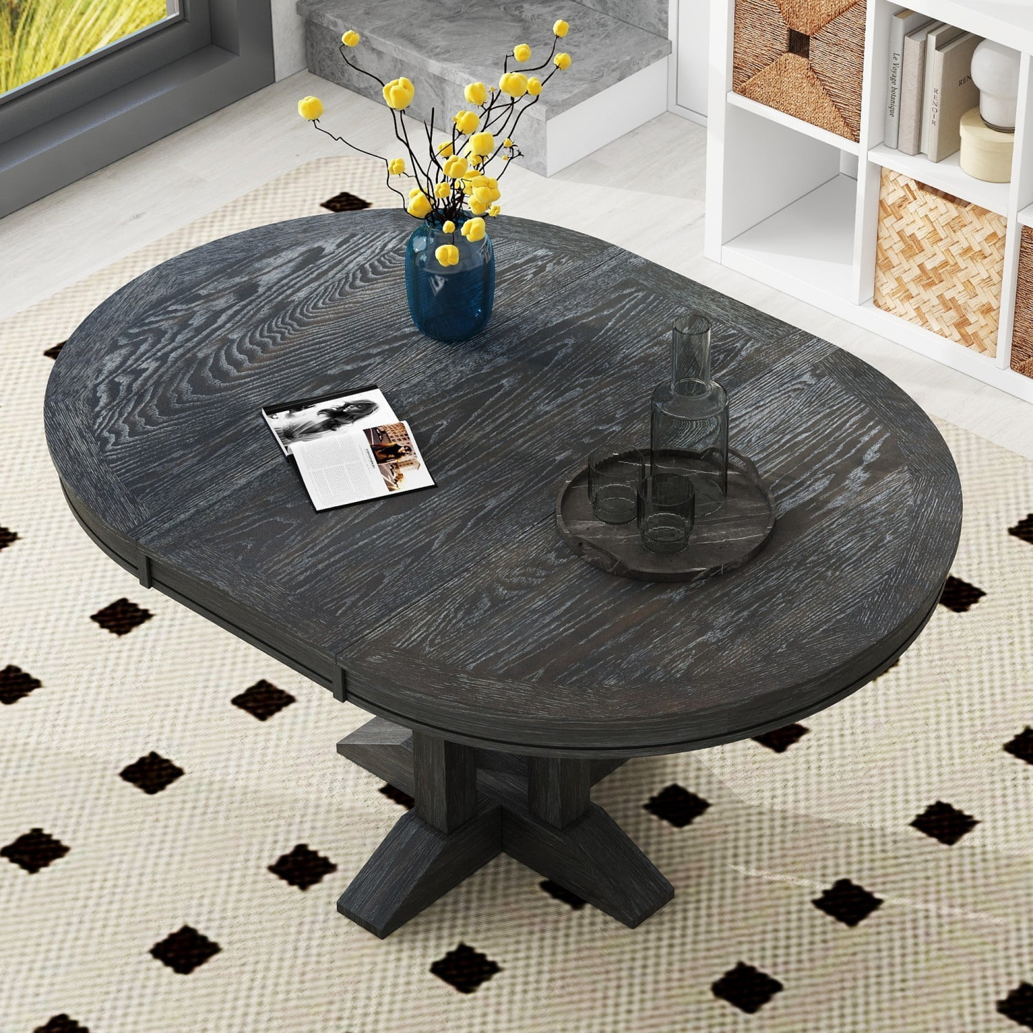 Extendable Round Dining Table, Farmhouse Kitchen Table with Oak Veneer Top & Solid Wood Base, Convertible Oval Dining Table for 4-6 People, Black