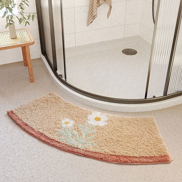 Camellia Alfombra de baño curvada, alfombra de ducha de esquina, alfombra de baño antideslizante, alfombra de baño curvada cuadrante, alfombra de ducha festoneada, parte inferior antideslizante, absor