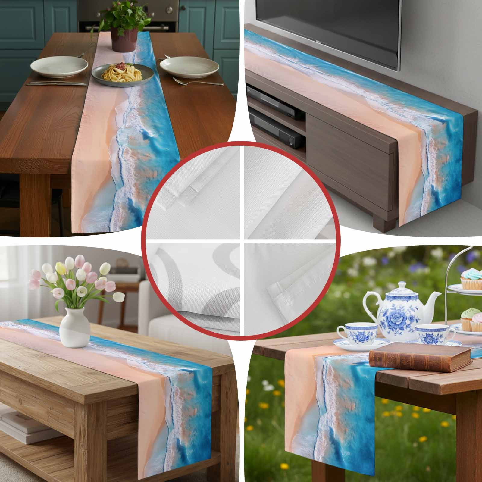 Abstract Ocean Coastal Beach Table Runner 90 Inches Long, Summer Blue White Sea Wave Painting Table Runners Tabletop Scarf Kitchen Dining Tables Decoration for Home Party Indoor Outdoor