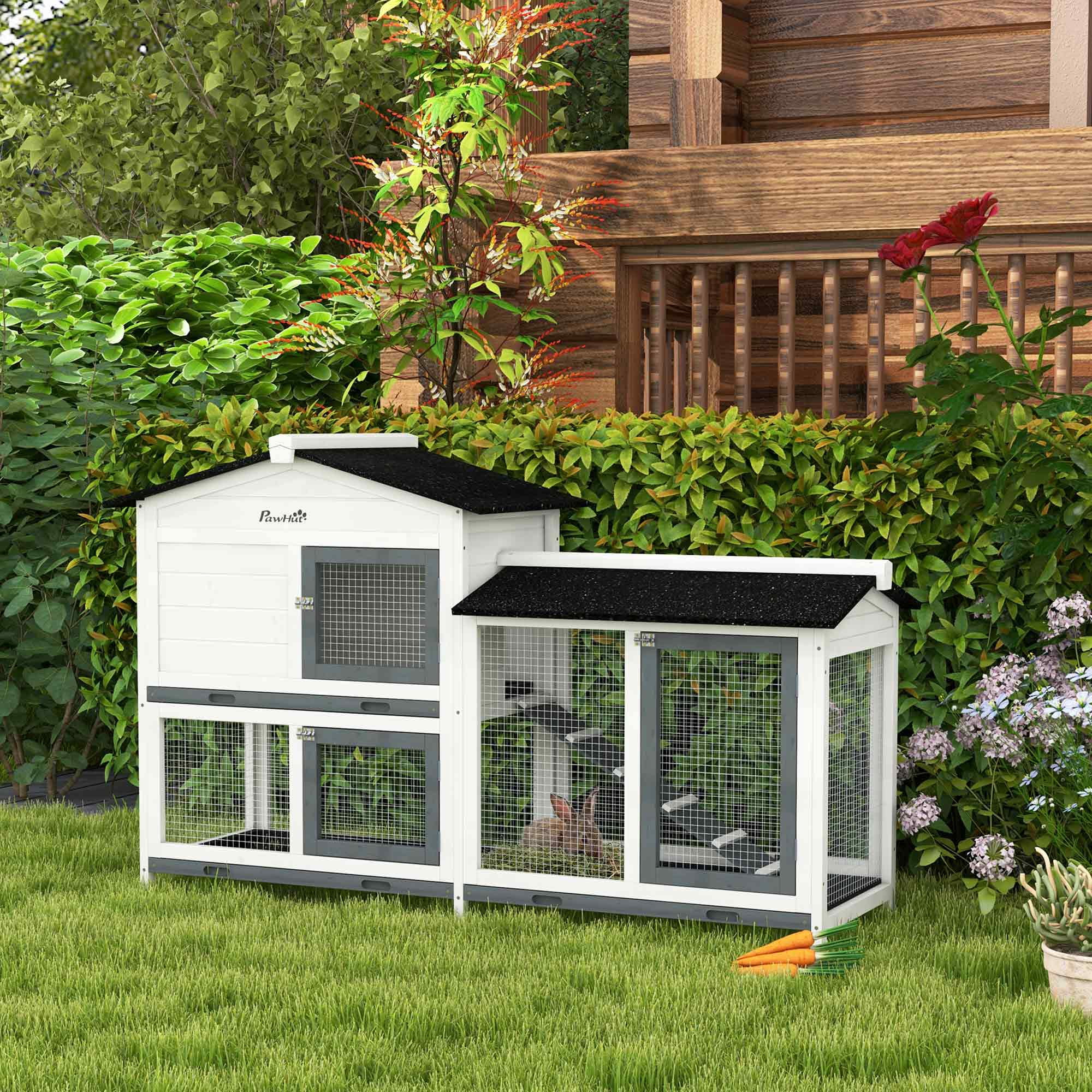 PawHut 2-Story Rabbit Hutch Wooden Bunny Hutch Cage Small Animal House