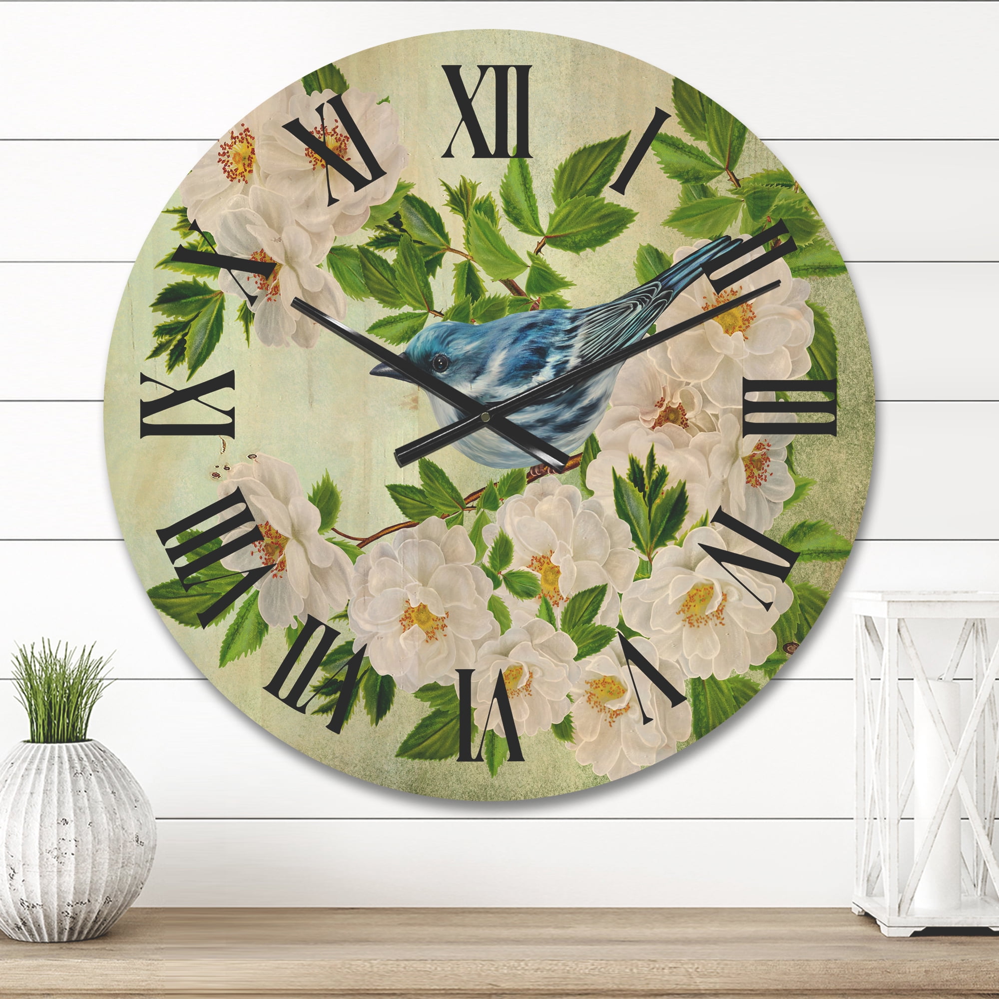 Designart 'Little Blue Bird Sitting On A Branch of White Rose Plant' Traditional Wood Wall Clock