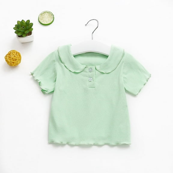 hengsof Cute Short Sleeve T-Shirt for Children Collared Button Down Ruffled Top Casual Summer Style Loose Top Comfortable Short Sleeve T-Shirt