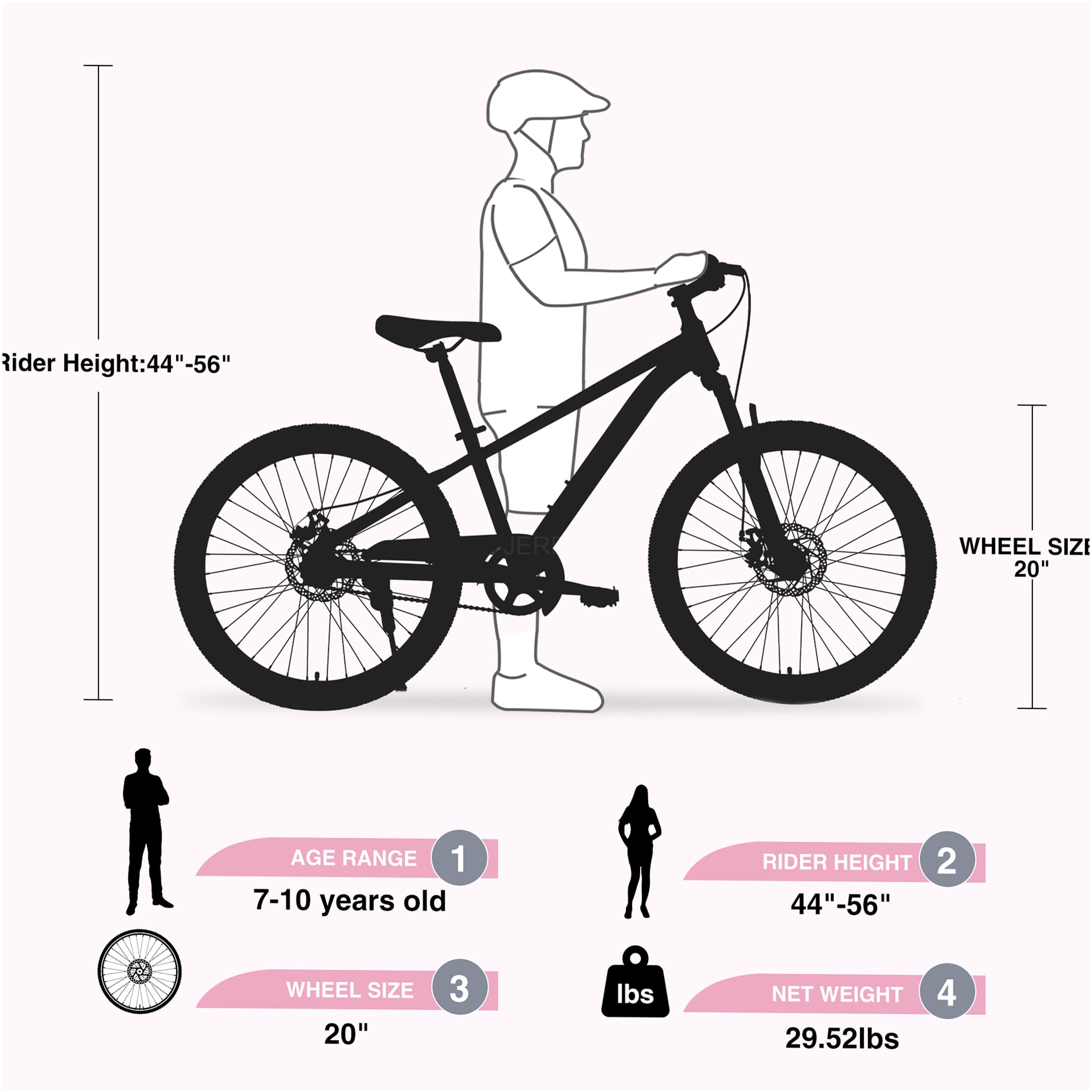 JERFIT 20 Inch Kids Mountain Bike for Boys Girls Age 7-10, Steel Frame with Front Suspension Fork, White and Pink MTB