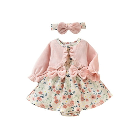 

wybzd Infant Baby Girl Corduroy Dresses Floral Print Long Sleeve Romper Bodysuit with Headbands Fall Winter Outfit Pink 9-12 Months
