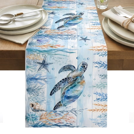 Blue Sea Turtle Cotton Linen Table Runner Nautical Coastal Starfish Shell Bubble Dining Table Runners for Home Decor Party Dining Room Restaurant Kitchen Party 13" x 72"