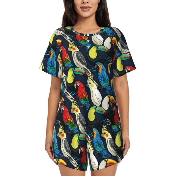 Balery Parrot Conjunto de Pijama para Mujer con Estampado, Dos Piezas de Manga Corta y Shorts, Ropa de Dormir Suave con Cuello Redondo y Bolsillos-Large