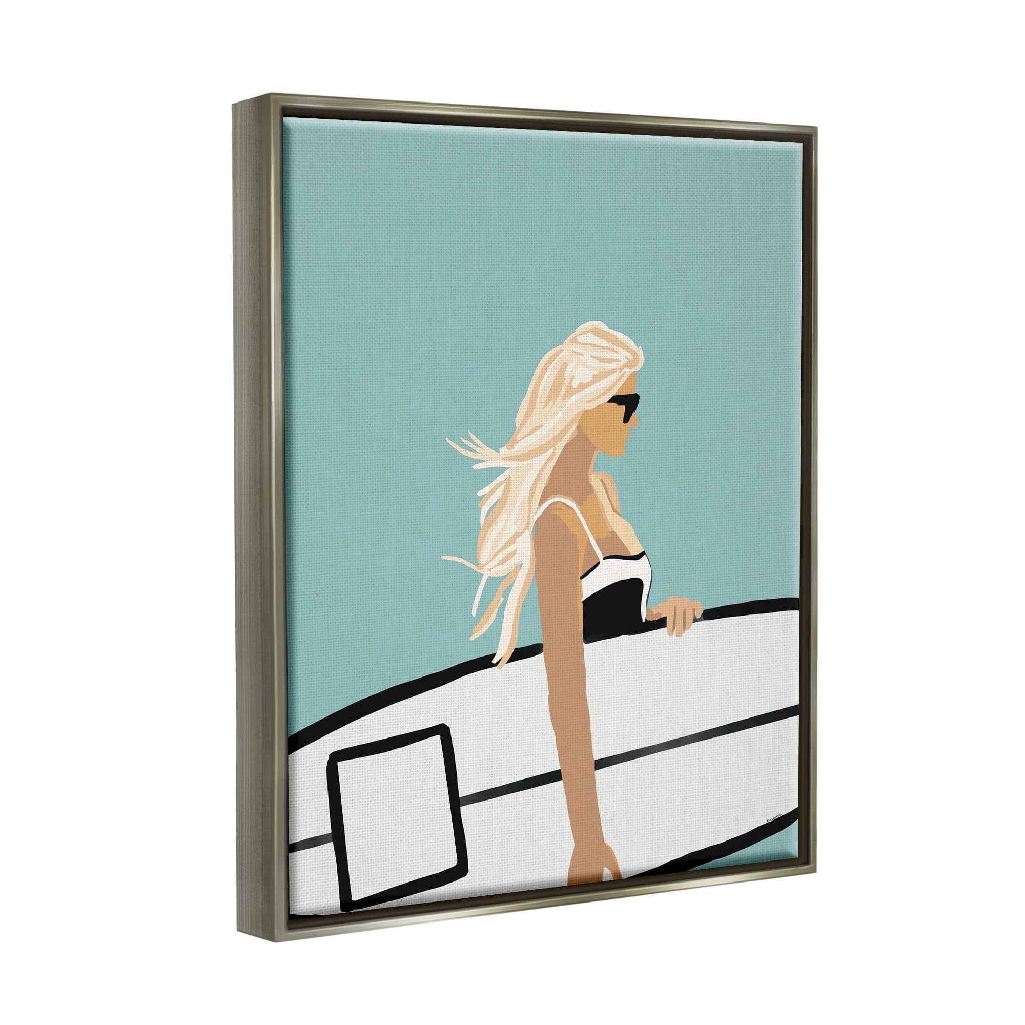 Stupell Industries Woman Carrying Surf Board Windblown Beach Hair Graphic Art Luster Gray Floating Framed Canvas Print Wall Art, Design by Amelia Noyes