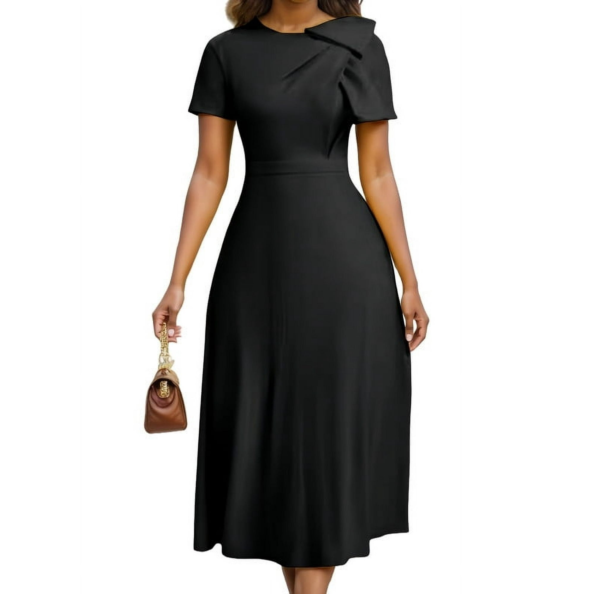 HVEOO Women's Casual A Line Swing Summer Dress Short Sleeve Round Neck Wrap Evening Party Dresses, Black Size L