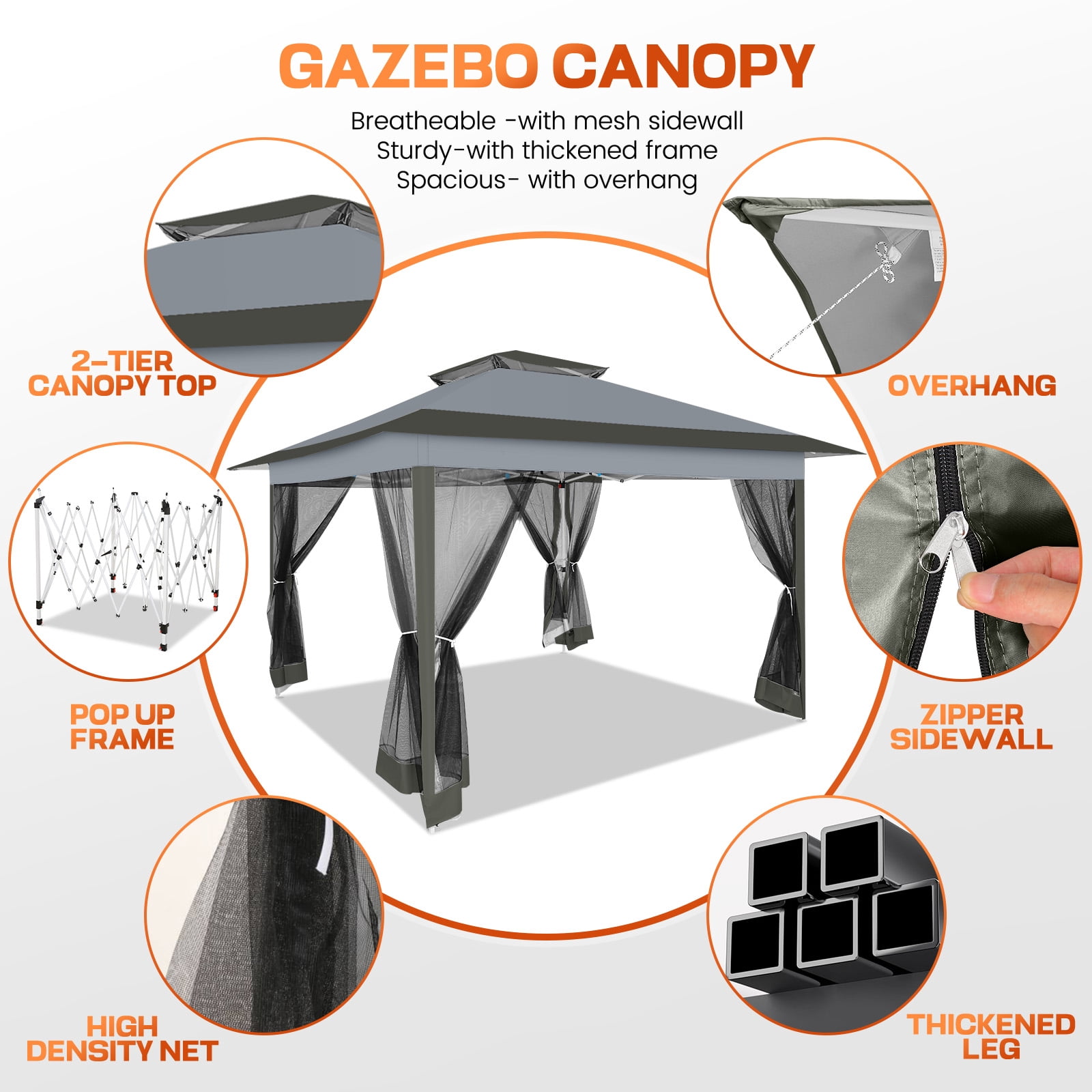 HOTEEL 12' x 12' Outdoor Pop-Up Gazebo Canopy with Mosquito Netting, 2-Tiered Vented Top, 3 Adjustable Heights for Backyard, Garden, Lawn, Gray