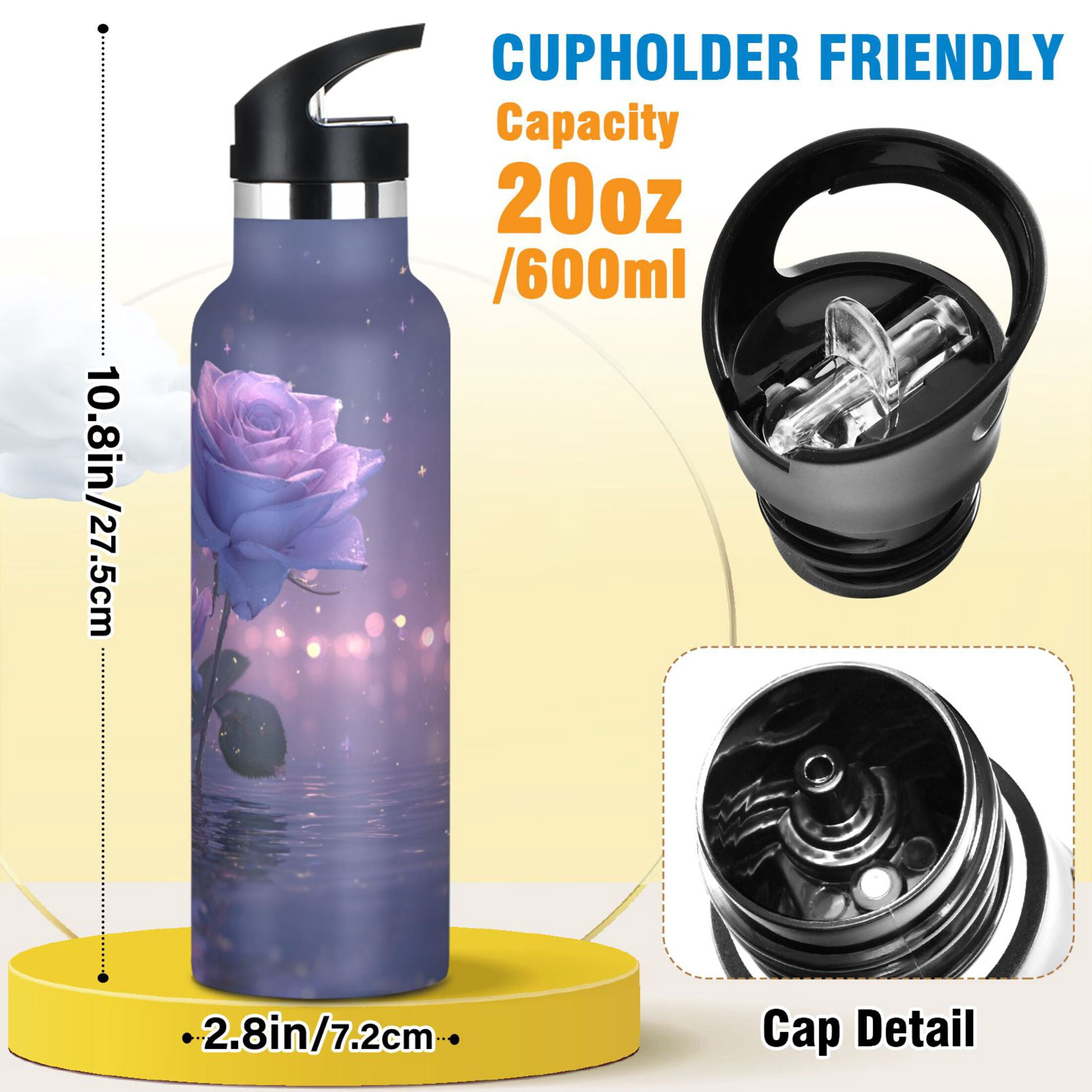 600ML Stainless Steel Insulated Cup Sports Water Bottle Portable Thermos Cup Water Glasses Insulated Tumblers Convenient and Durable Purple Rose
