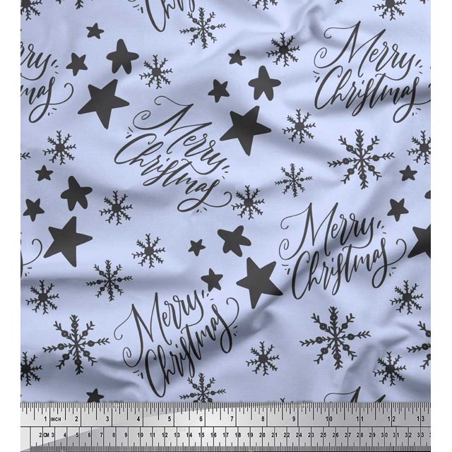 Soimoi Blue Poly Georgette Fabric Star & Snowflakes Text Printed Craft Fabric by the Yard 52 Inch Wide