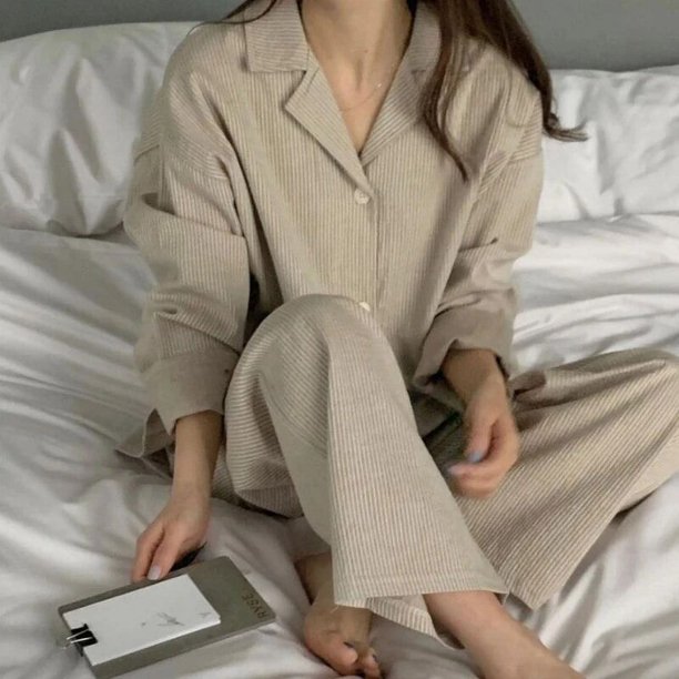 Conjuntos de pijama holgados para mujer, ropa de dormir básica con diseño a rayas Vintage, de manga larga, cómoda y sencilla, para otoño