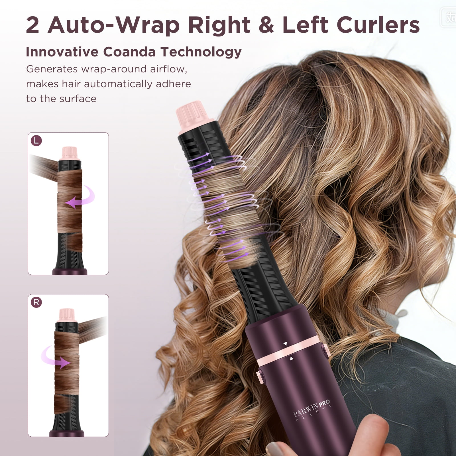 PARWIN PRO BEAUTY Dual Voltage 7-in-1 Hair Styler, Hot Air Multi-Styler with Air Straightener & 28mm Auto Wrap Curlers for Frizz-Free, Less Heat Damage, Jasper Plum