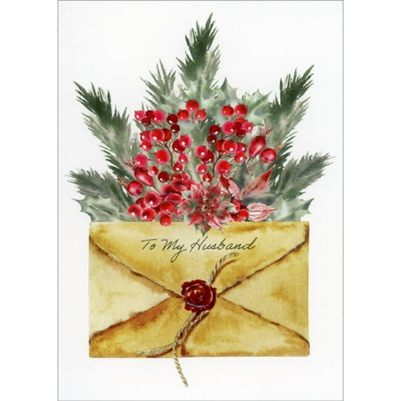 Pictura Berries and Vines Behind Light Brown Envelope Christmas Card for Husband