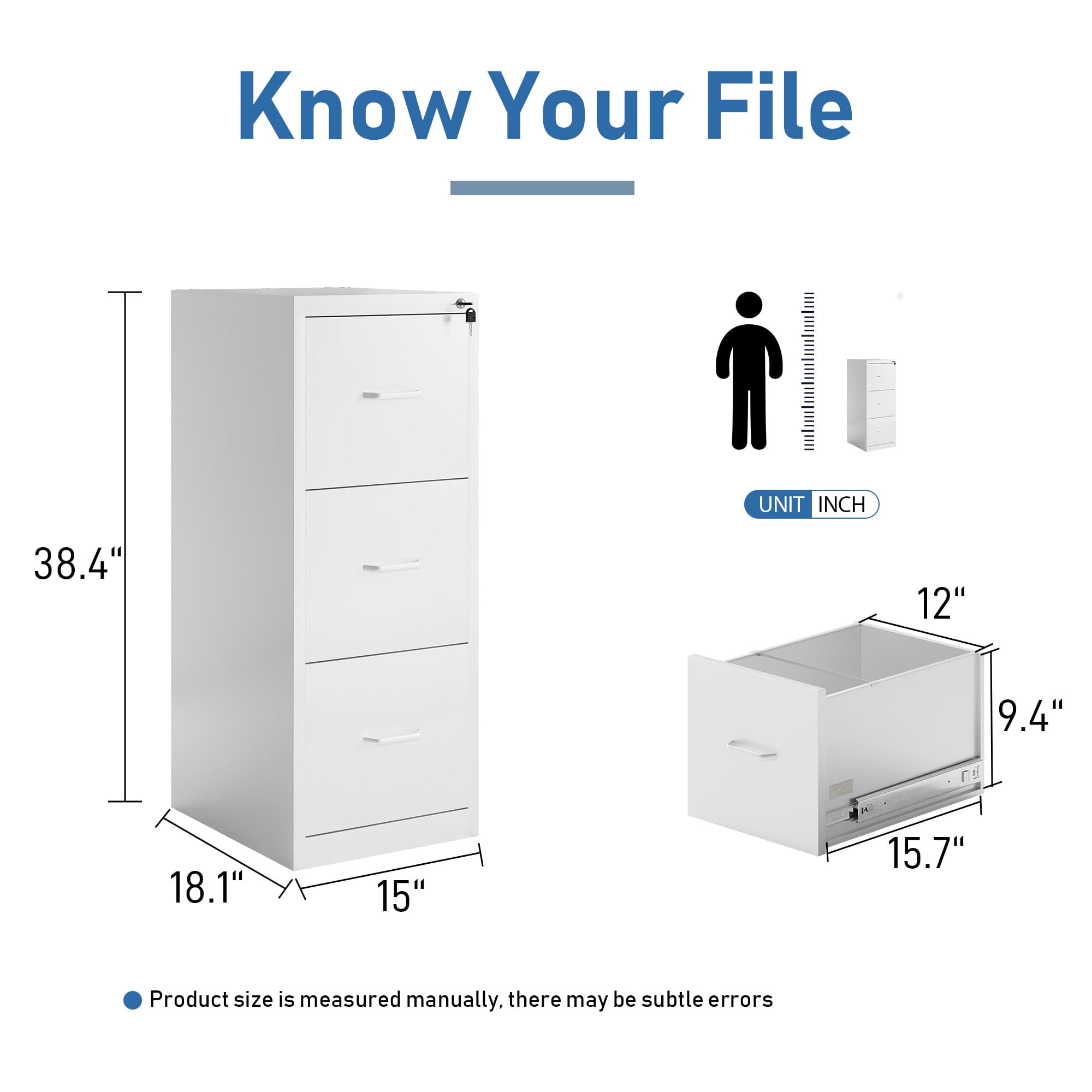 Ouyessir 15" Wide 3-Drawer Vertical White Steel File Cabinet, Metal Filing Cabinet for Home Office