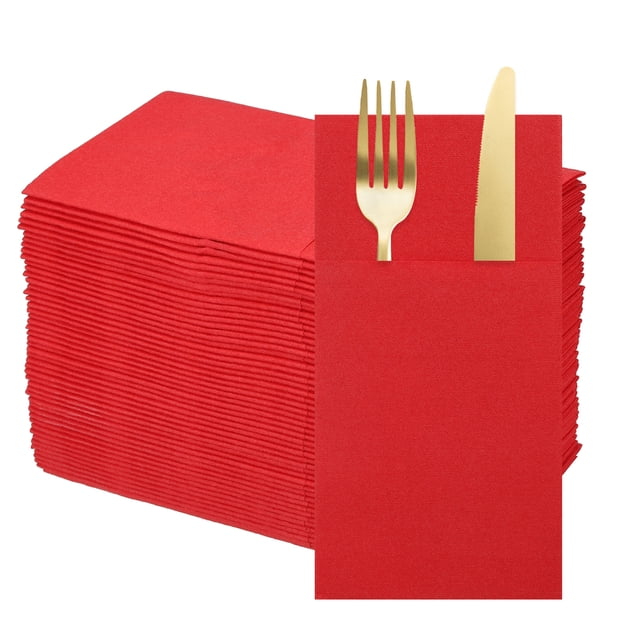 100 Pcs Servilletas Desechables con Sensación de Lino y Bolsillos para Cubiertos Incorporados, Servilletas de Papel para Cuchillo y Tenedor Rojas