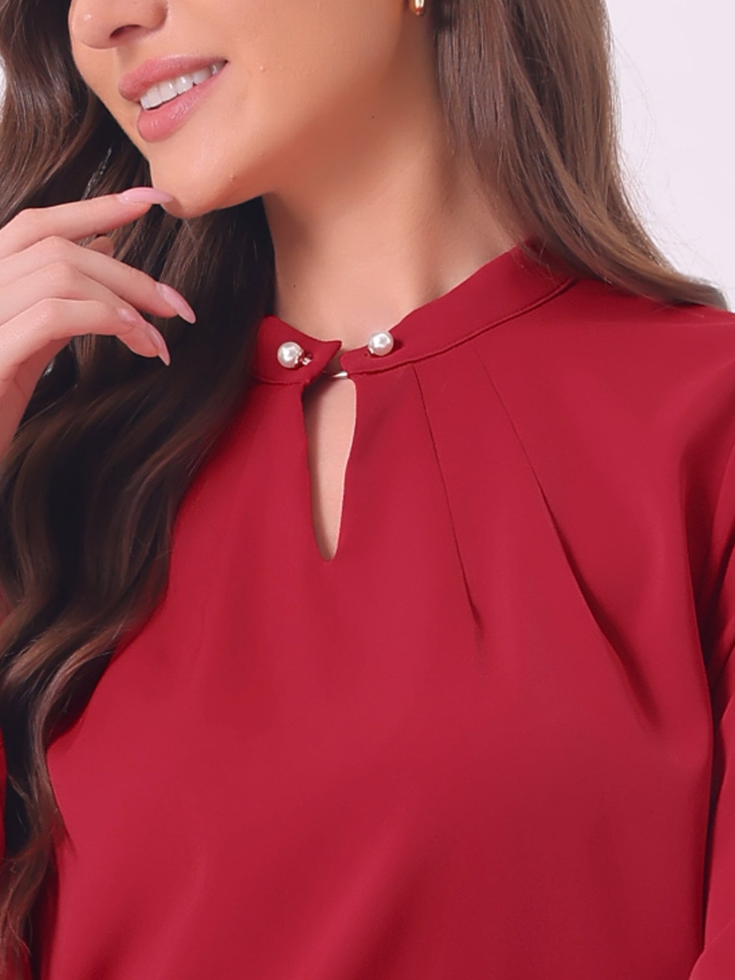 DARING DIVA Women's Pleated Mock Neck Pearl Decor Work Blouses XS Burgundy