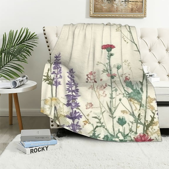 Wildflower Botanical Floral Blanket Vintage Colorful Flowers Print Herbs Sage Green Leaves Throw Blankets Gifts for Women Girls for Bed Room Couch Decor Soft Lightweight Warm Cozy