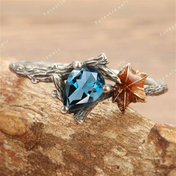 Handmade Gold Plated Leaf Ring with Blue Sandstone, 925 Sterling and 18k Gold, Size 5