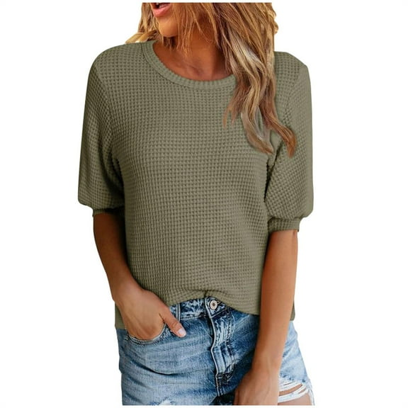 Inleife Womens T-Shirts Women's Fashionable Casual Solid Color Pleated Neck Short Sleeved Top Shirt Sizes Army Green L