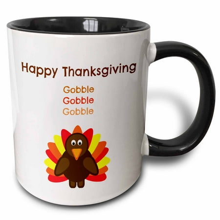 3dRose Happy Thanksgiving gobble with a picture of a cute turkey - Two Tone Black Mug,