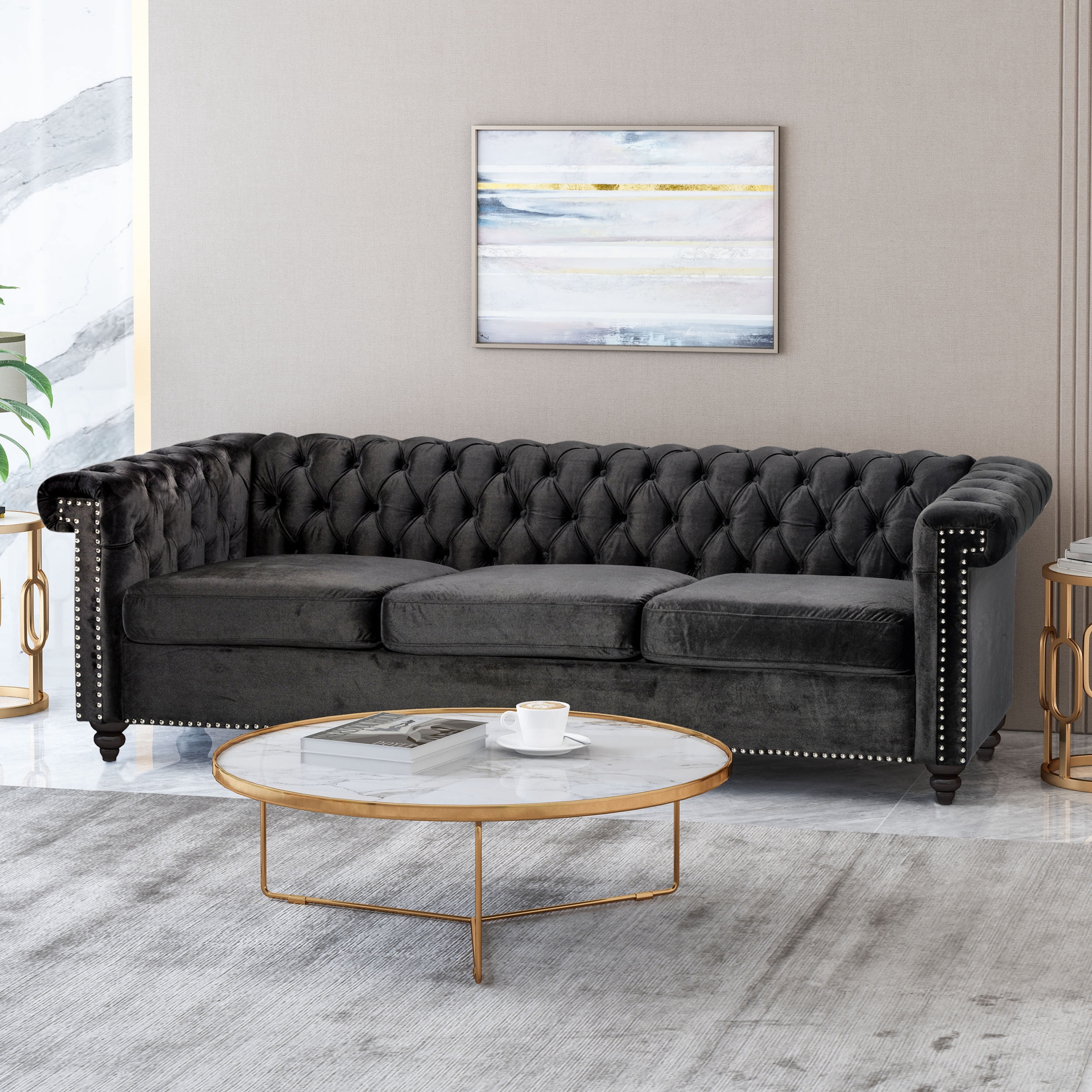 Noble House Kabella Botton Tufted Sofa, Black, Dark Brown